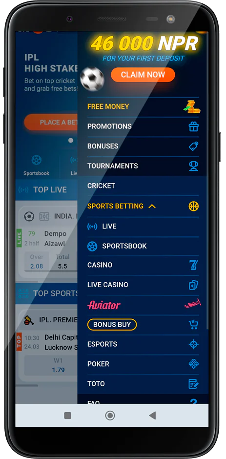 Mostbet एप मेनुको स्क्रिनसट